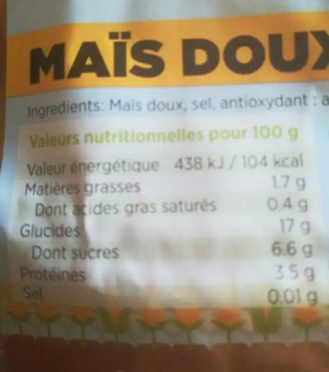 Mais doux ingredients label