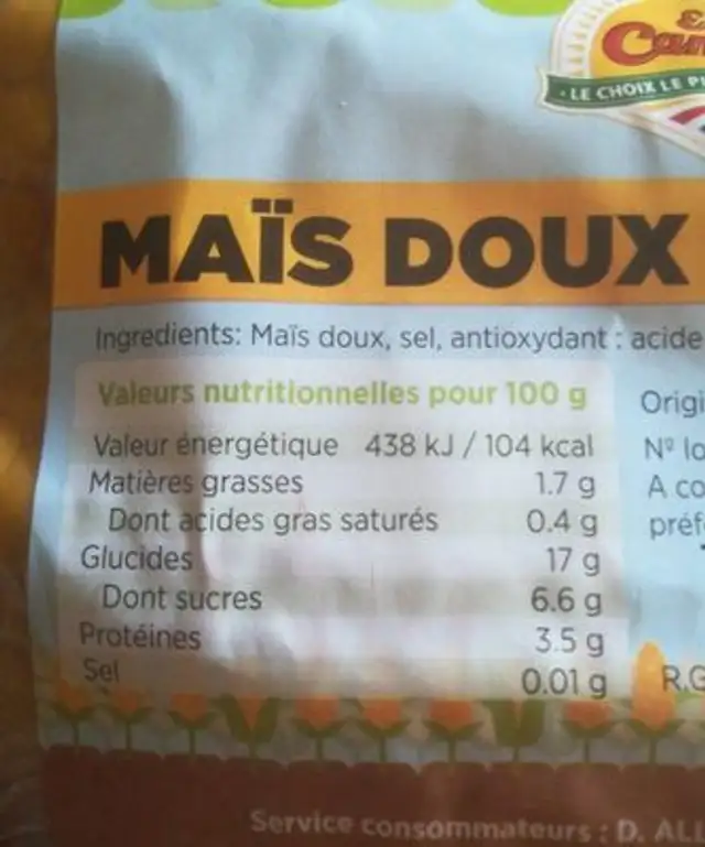 Mais doux nutrition facts table