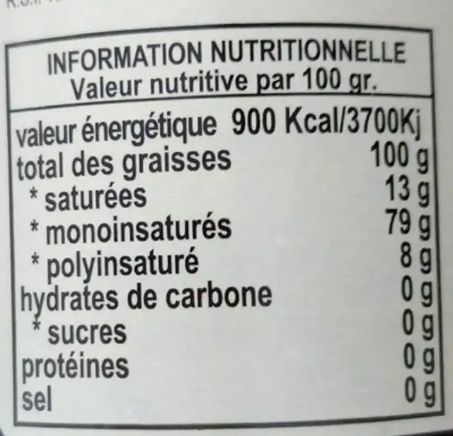 Huile d'olive ingredients label
