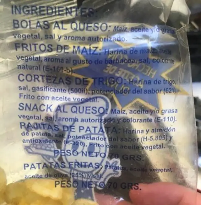 Patatas Fritas Simon ingredients label