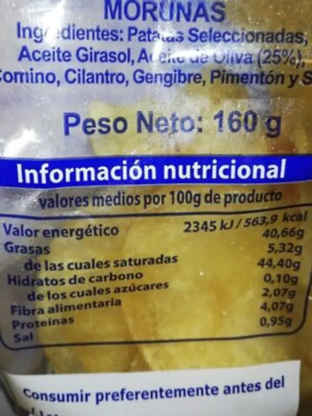 Patatas Fritas Simón nutrition facts table