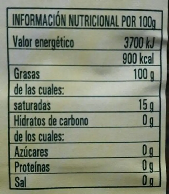 Aceite de oliva Virgen extra nutrition facts table