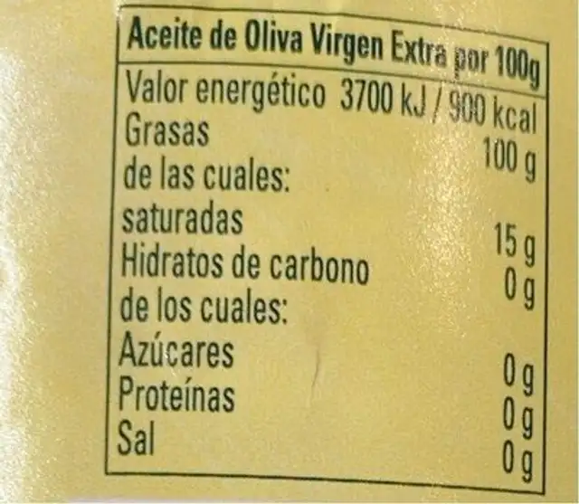 Aceite de oliva virgen extra nutrition facts table