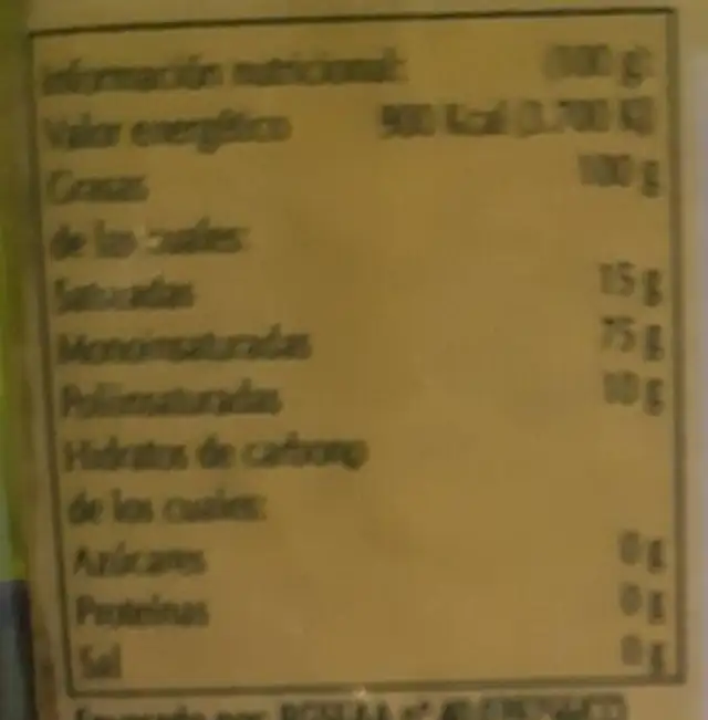 aceite de oliva virgen extra nutrition facts table