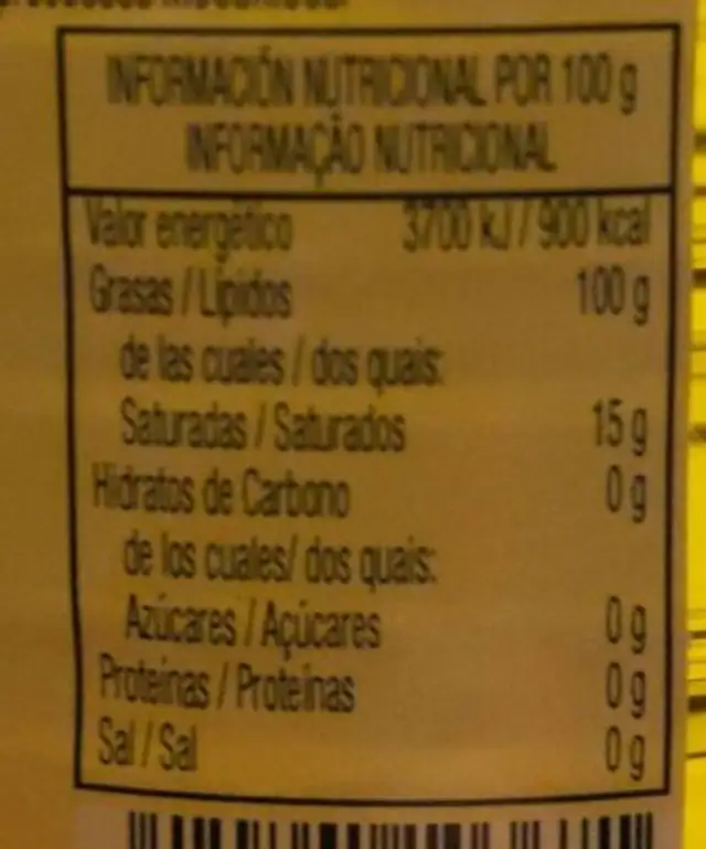 Aceite de oliva virgen extra nutrition facts table