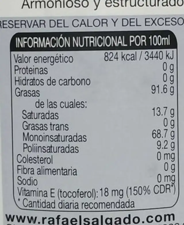 Aceite nutrition facts table