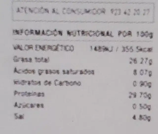 PALETA DE BELOTA nutrition facts table