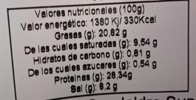 Paleta de Cebo e Campo Ibérica 50% nutrition facts table