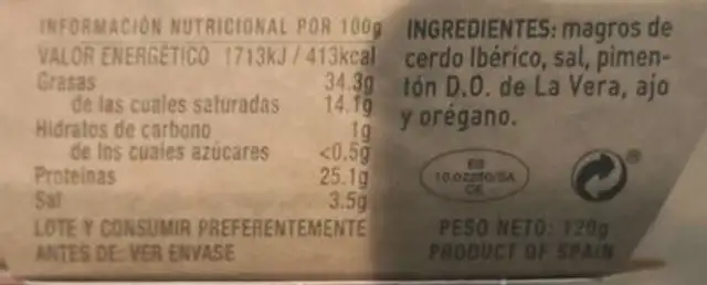 Snacks ibéricos de chorizo natural nutrition facts table