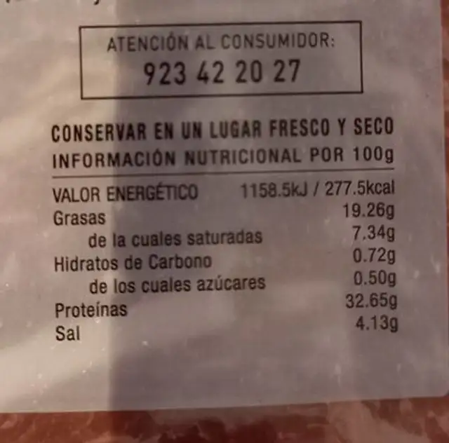 Jamón de cebo 50% raza iberica nutrition facts table