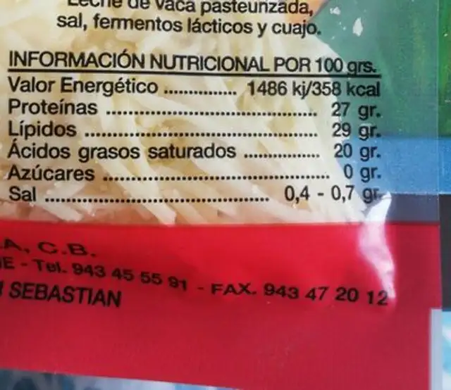 Emmental rallado nutrition facts table