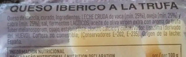 Queso ibérico curado a la trufa ingredients label