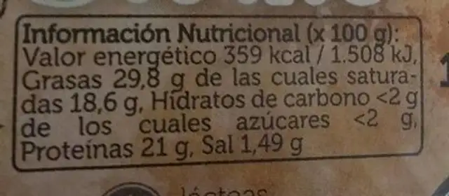 Queso estilo artesanal nutrition facts table