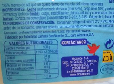 Queso de mezcla tierno bajo en sal nutrition facts table