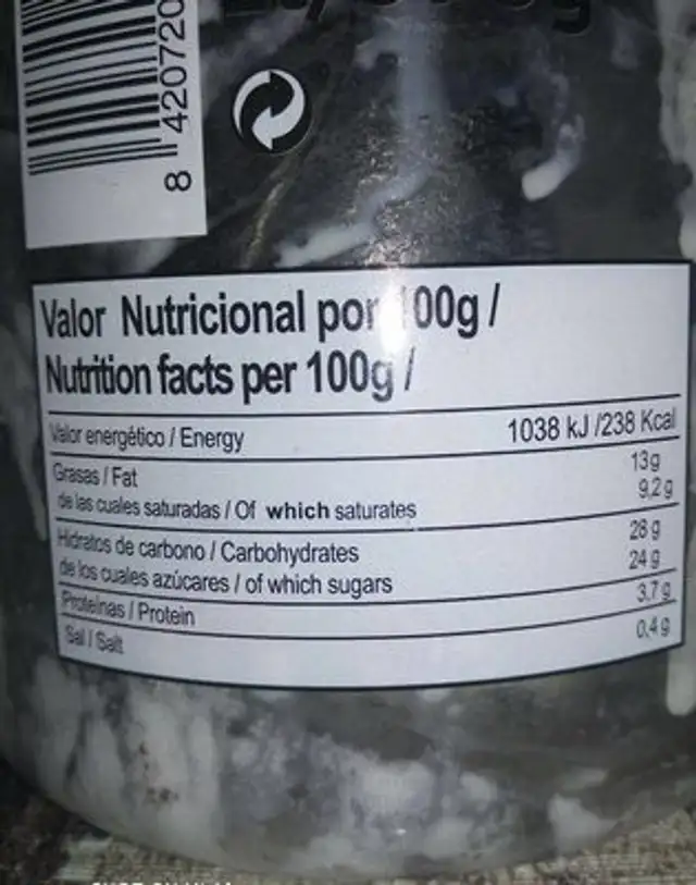 Helado stracciatella nutrition facts table