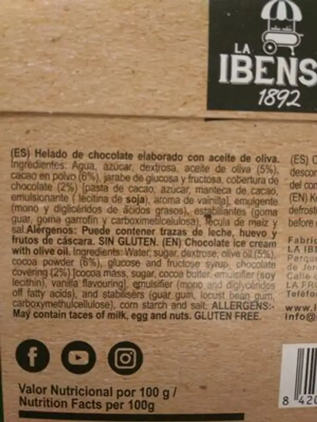Helado de chocolate ingredients label