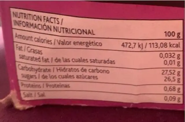 Ibense nutrition facts table