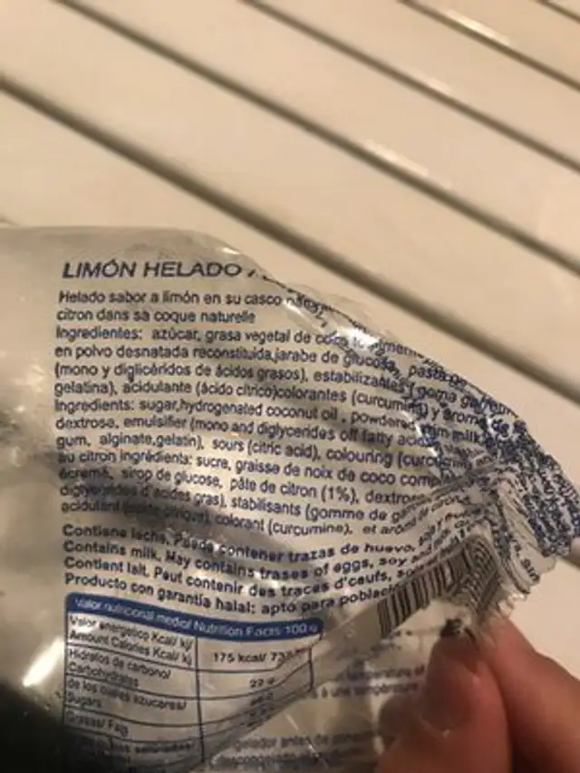 Límon helado ingredients label