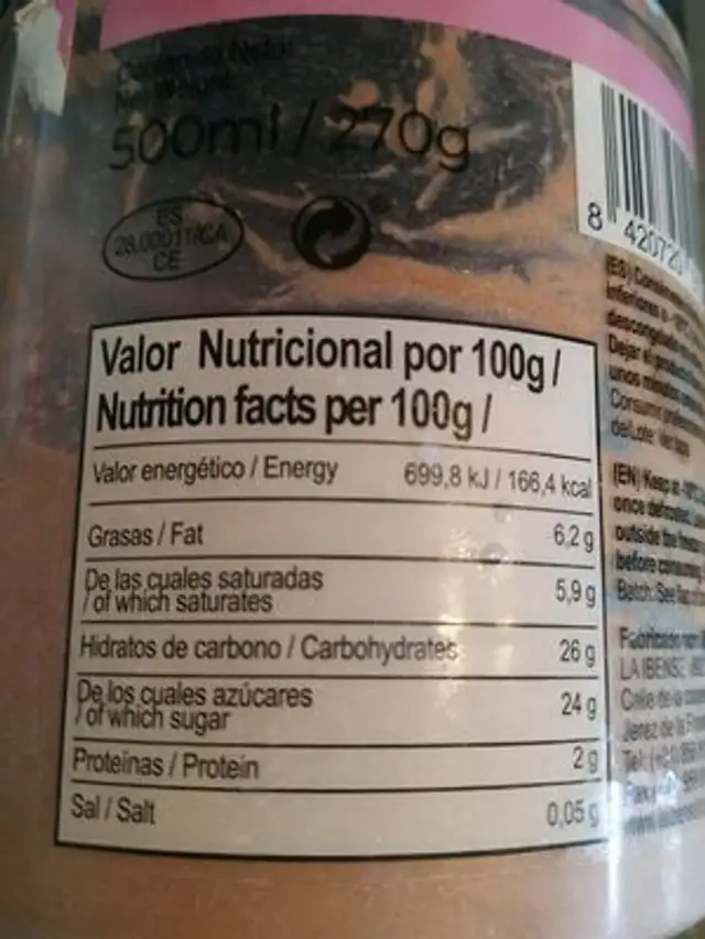 Chocolate sin lactosa nutrition facts table