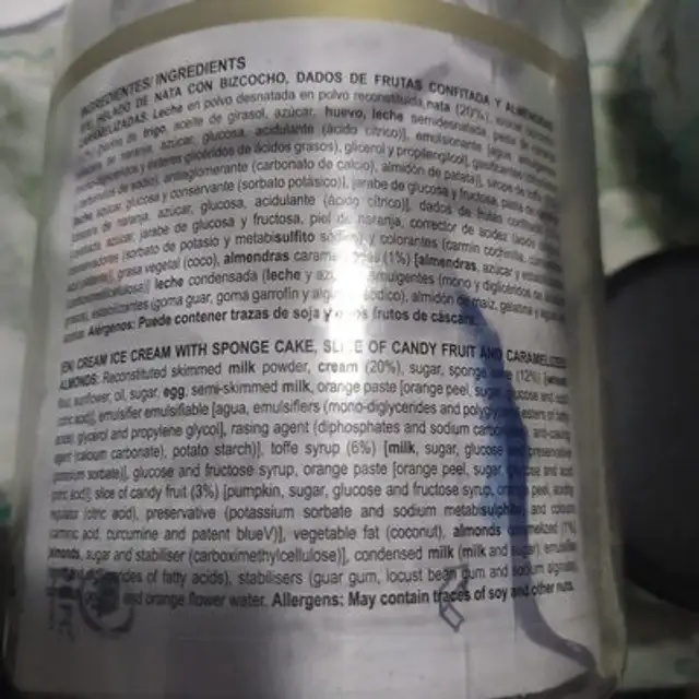 Helado sabor roscón de reyes ingredients label