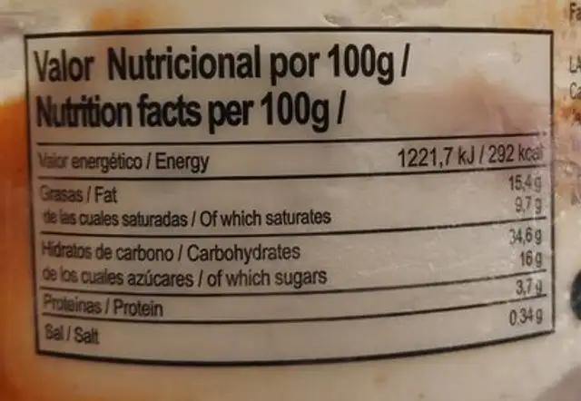 Helado nutrition facts table