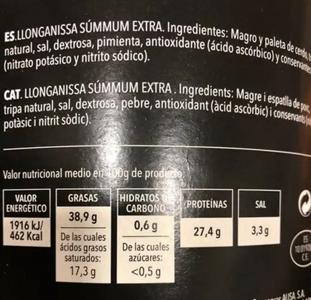 Llonganissa summum nutrition facts table