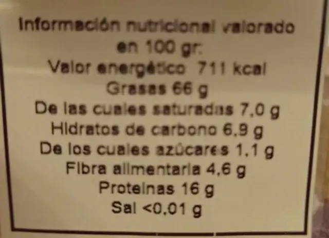 Nueces California nutrition facts table