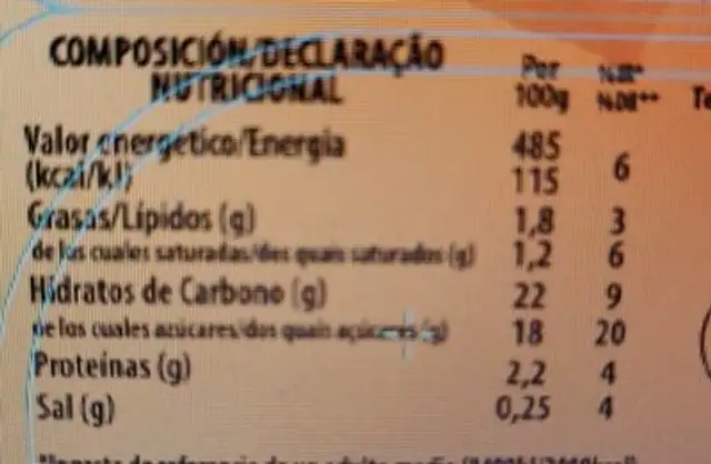 Flan de vainilla nutrition facts table