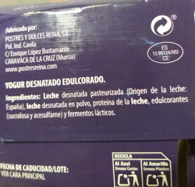 Griego edulcorado ingredients label