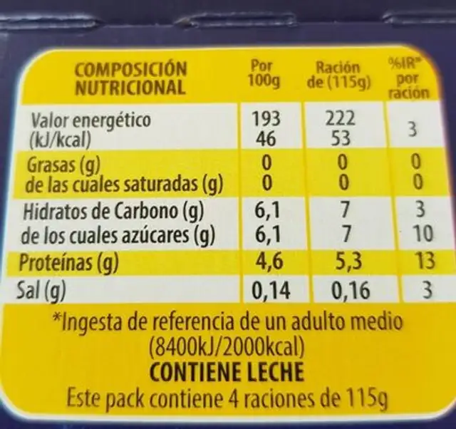 Griego edulcorado nutrition facts table