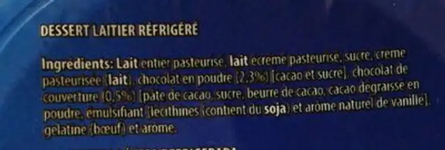 Chocolate ingredients label