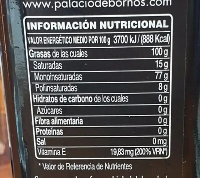 Aceite de oliva nutrition facts table