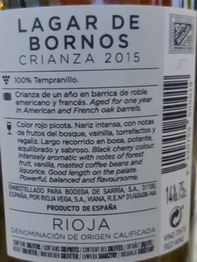 Vino nutrition facts table