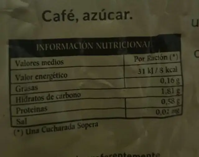 Café La Aldeana nutrition facts table