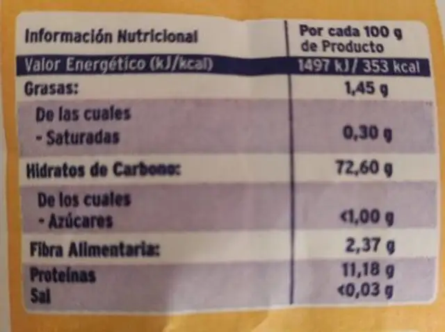 Harina de trigo nutrition facts table