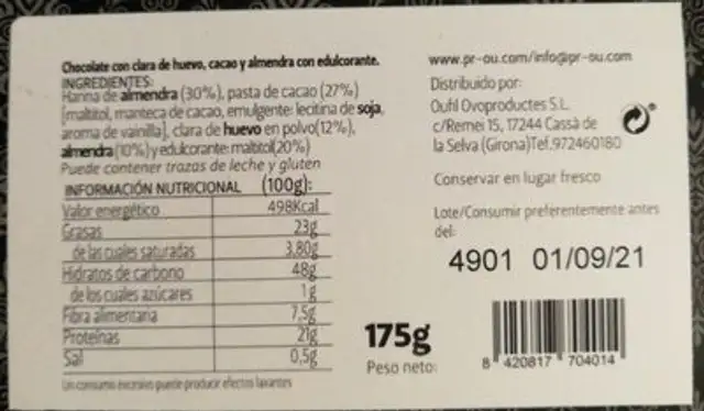 Praliné almendra y chocolate nutrition facts table