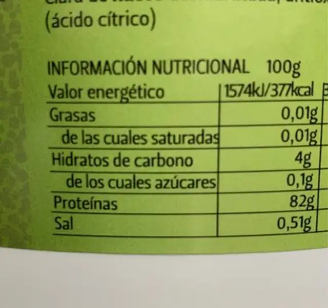 Clara de huevo deshidratada nutrition facts table