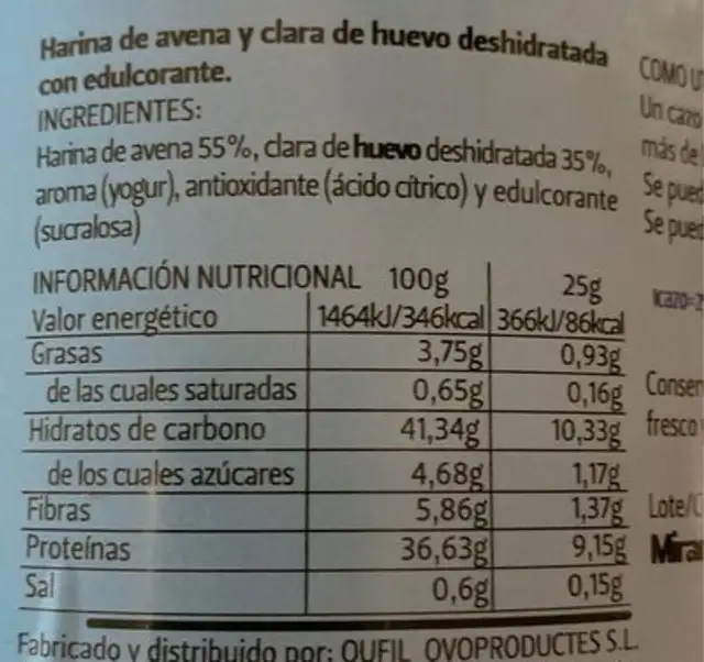 Tortita avena clara nutrition facts table