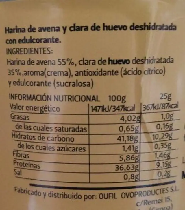 Tortitas avena y clara nutrition facts table