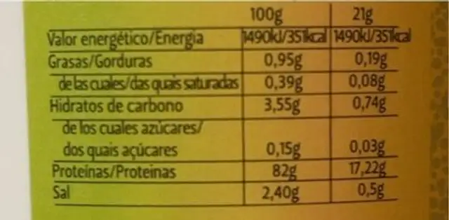 Clara de huevo deshidratada nutrition facts table