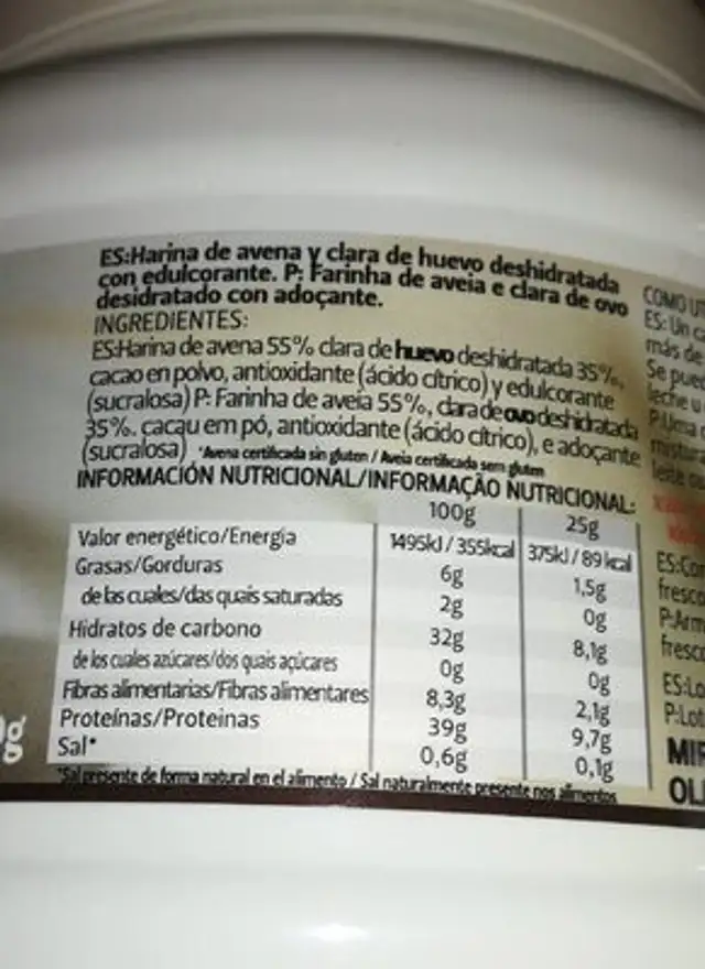 Tortita avena & clara cacao nutrition facts table