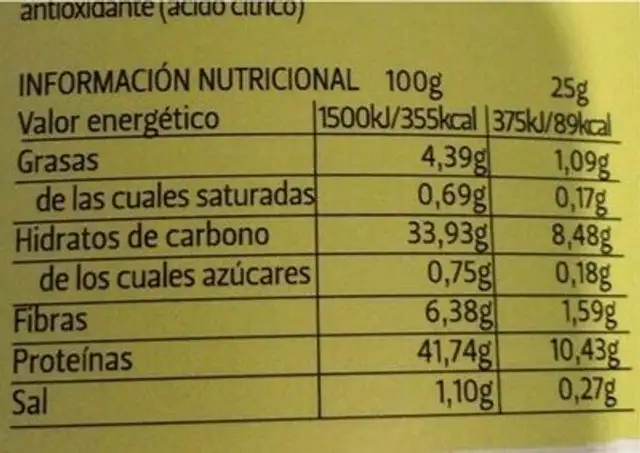 Tortita avena&clara nutrition facts table