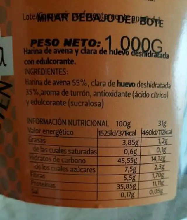 Tortitas avena&Clara PR-OU nutrition facts table