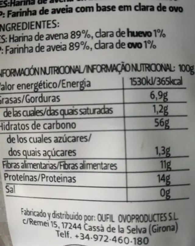 HARINA DE AVENA NEUTRA nutrition facts table