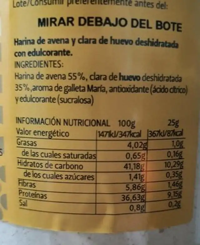 Tortita avena y clara nutrition facts table