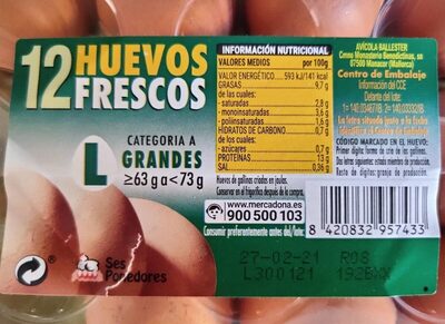 12 Huevos Frescos categoría A (Grandes) front packaging