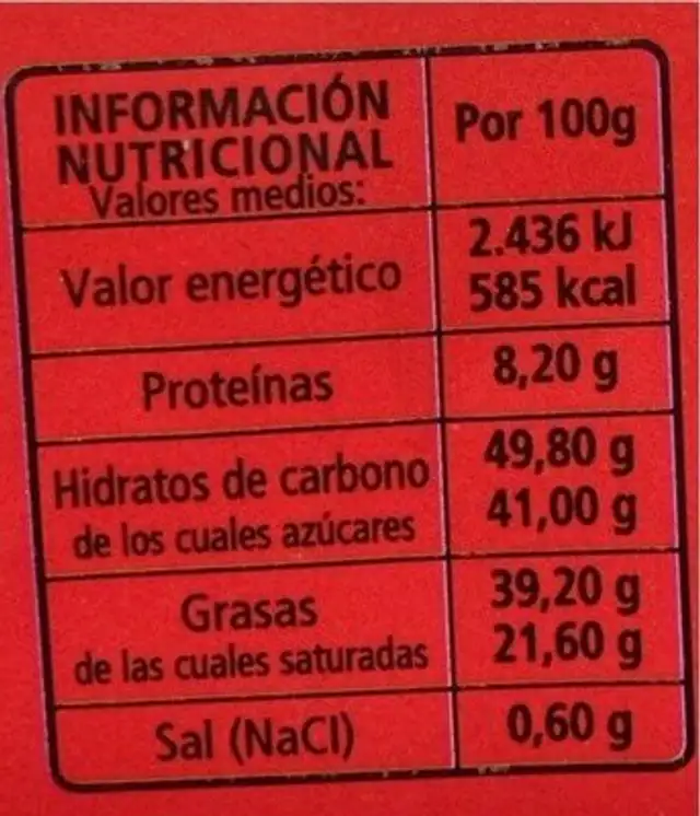 Chocolate extrafino con leche, almendras y pasas nutrition facts table