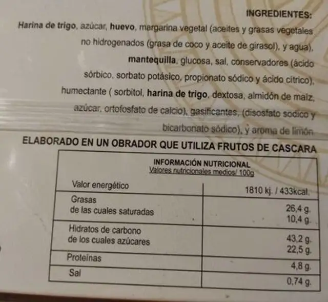 Sobaos nutrition facts table