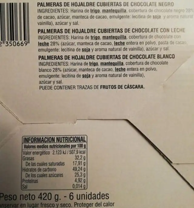 Palmeras de hojaldre cubiertas dw chocolate nutrition facts table