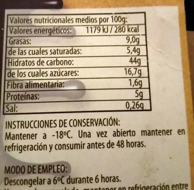 Tarta de la abuela nutrition facts table